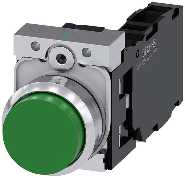 pulsador, 22 mm, redondo, metal, brillante, verde, (3SU1150-0BB40-1FA0)