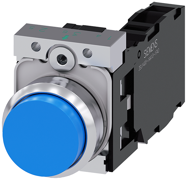 pulsador, 22 mm, redondo, metal, brillante, azul, (3SU1150-0BB50-1FA0)