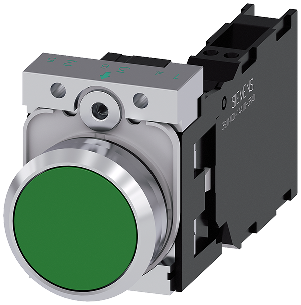 pulsador, 22 mm, redondo, metal, brillante, verde, (3SU1150-0AB40-3FA0)