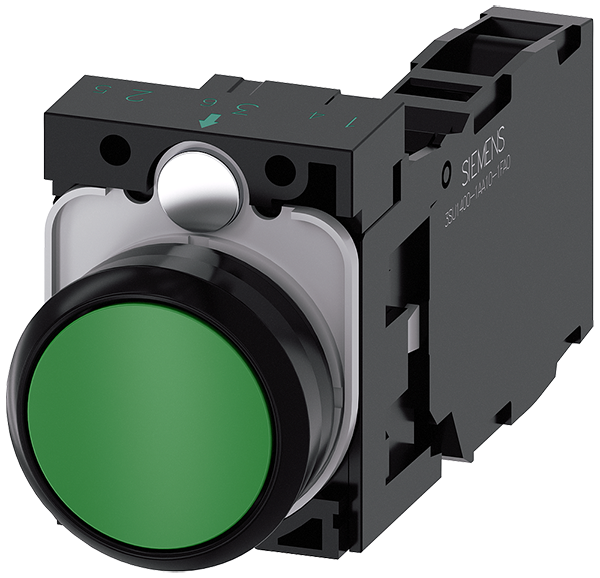 pulsador, 22 mm, redondo, plástico, verde, botón, (3SU1100-0AB40-1FA0)