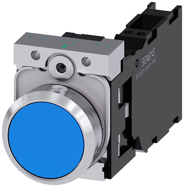 pulsador, 22 mm, redondo, metal, brillante, azul, (3SU1150-0AB50-3FA0)