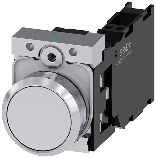 pulsador, 22 mm, redondo, metal, brillante, blanco (3SU1150-0AB60-3FA0)